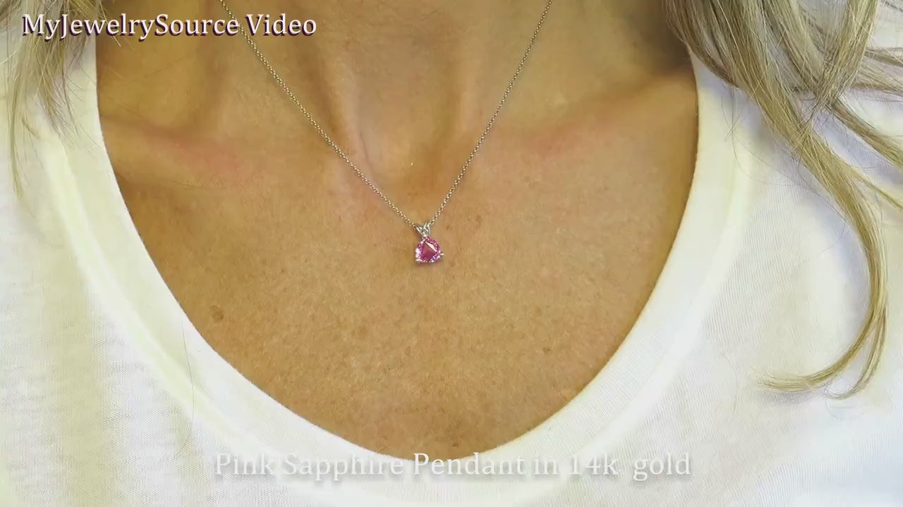 Natural Trillion Cut Pink Sapphire Pendant Necklace set in solid 14k white Gold at MySapphireSource (item SSP-5102)