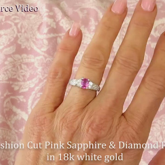 Cushion Cut Pink Sapphire Ring Set with Baguette and Round Diamonds in 18k white gold (SSR-5277)