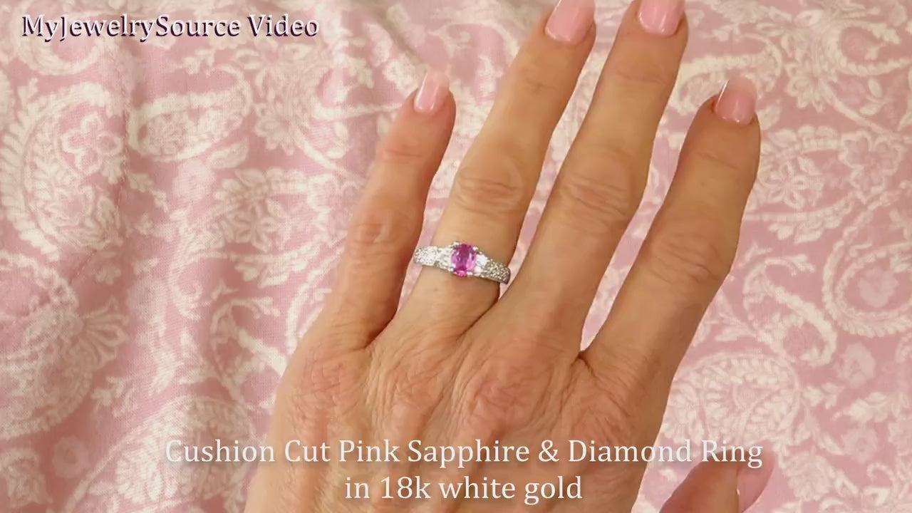 Cushion Cut Pink Sapphire Ring Set with Baguette and Round Diamonds in 18k white gold (SSR-5277)