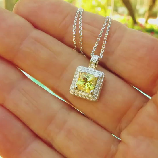 Princess Cut Natural Yellow Sapphire and Diamond Halo Pendant Necklace in 14k white gold (SSP-5110)
