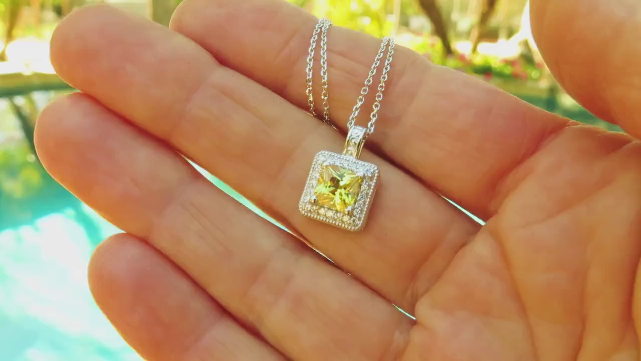 Princess Cut Natural Yellow Sapphire and Diamond Halo Pendant Necklace in 14k white gold (SSP-5110)