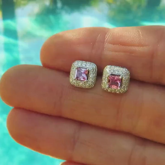 Princess Cut Natural Pink Sapphire Diamond Earrings in 14k white gold (SSE-5061)