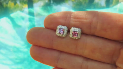 Princess Cut Natural Pink Sapphire Diamond Earrings in 14k white gold (SSE-5061)