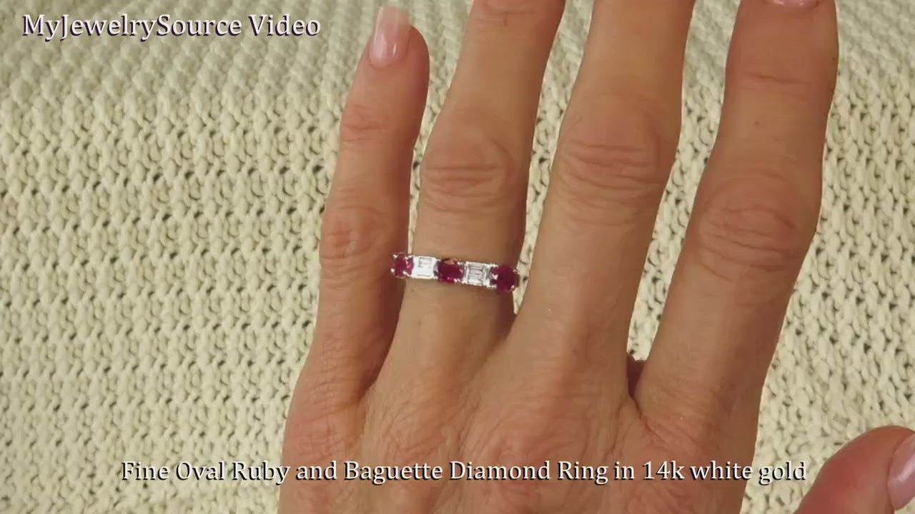 East West Set Natural Ruby Anniversary Band Ring with Baguette Diamonds Set in 14k white gold (SSR-5462)