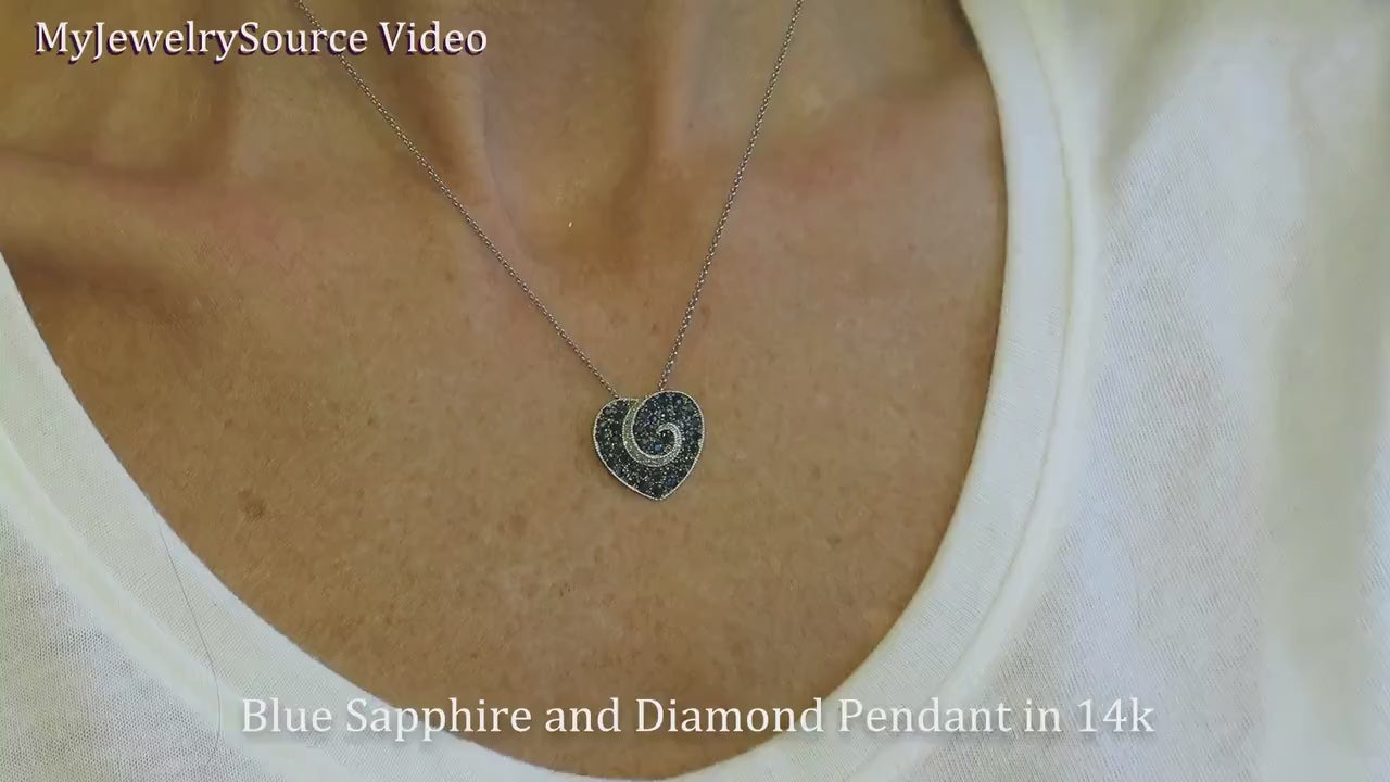 Natural Blue Sapphire Heart Pendant with Pave Set Sapphires in Real 14k white gold for sale (SSP-5060)