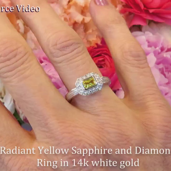 Radiant Cut Natural Yellow Sapphire and Diamond Halo Ring in solid 14k white gold for sale (item SYR-117)