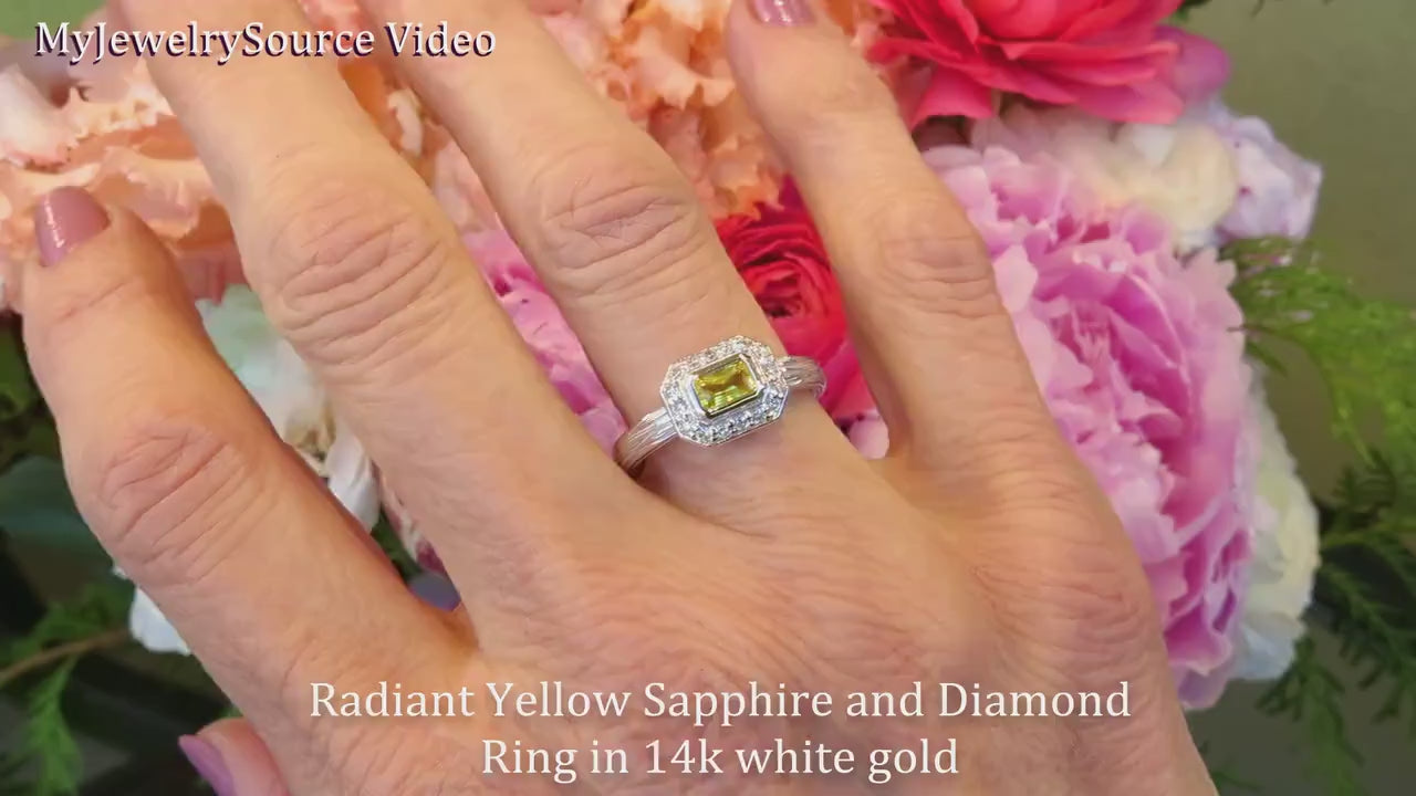 Radiant Cut Natural Yellow Sapphire and Diamond Halo Ring in solid 14k white gold for sale (item SYR-117)