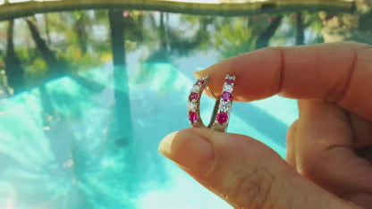 Round Natural Pink Sapphire and Diamond Earrings in 14k white gold (SSE-5033)