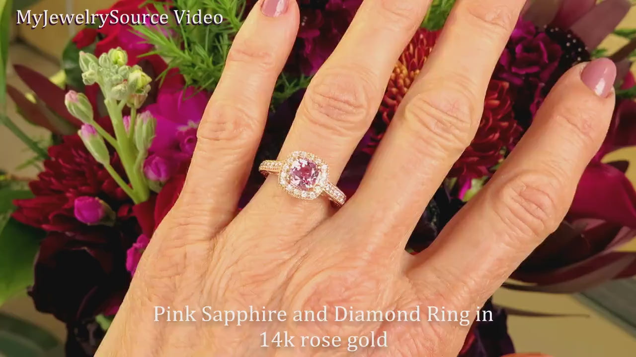 Rose Gold Pink Sapphire Engagement Ring with Diamond Halo Ring for sale (SSR-5961)