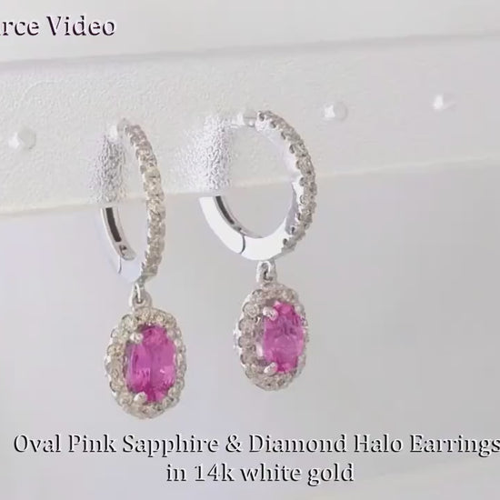 Oval Natural Pink Sapphire Drop Earrings in 14k white gold with a Diamond Halo (SSE-5083)
