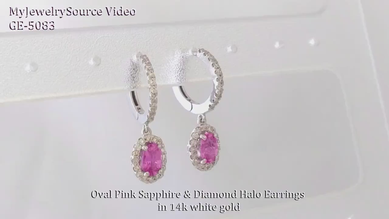 Oval Natural Pink Sapphire Drop Earrings in 14k white gold with a Diamond Halo (SSE-5083)