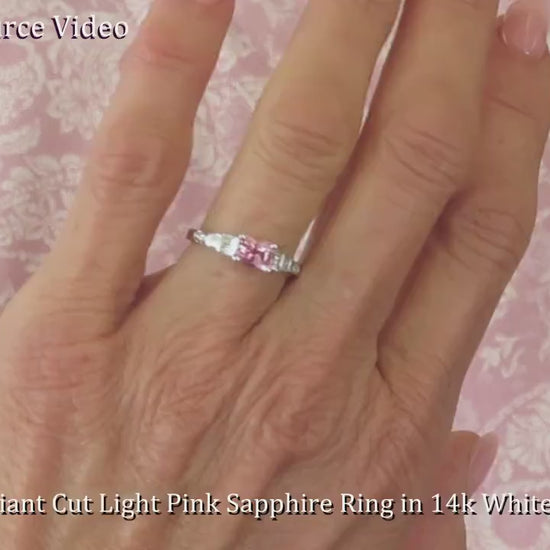 Pink Sapphire Ring - Radiant Cut Natural Sapphire with Baguette Diamonds in 14k white gold (SSR-5758)