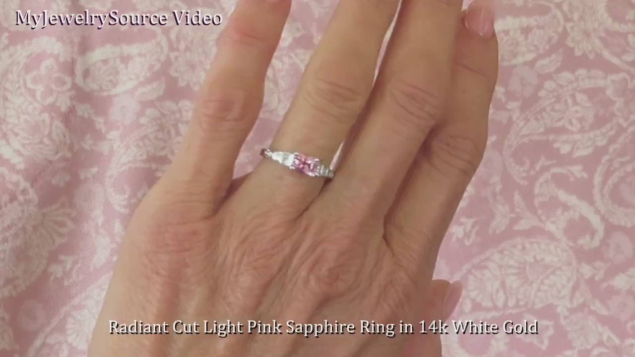Pink Sapphire Ring - Radiant Cut Natural Sapphire with Baguette Diamonds in 14k white gold (SSR-5758)