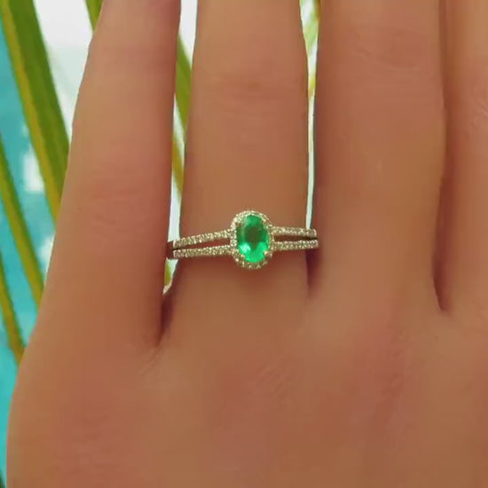 Oval Cut Natural Emerald Ring with Diamond Halo and Split Shank in 14k white gold (E-5454)