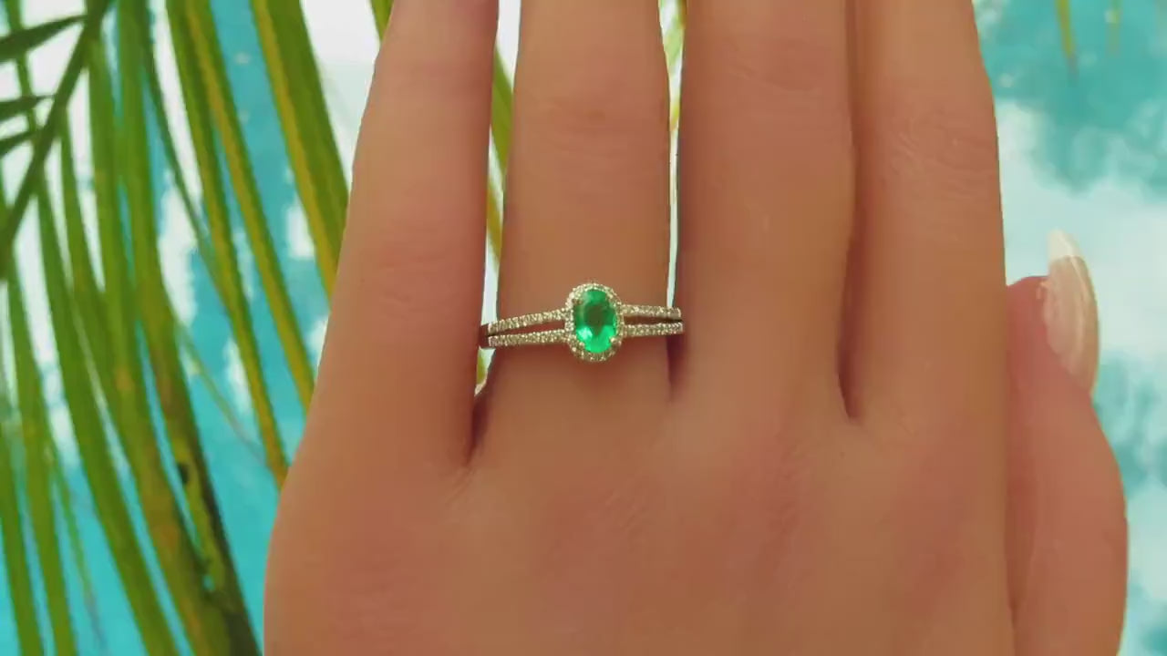 Oval Cut Natural Emerald Ring with Diamond Halo and Split Shank in 14k white gold (E-5454)