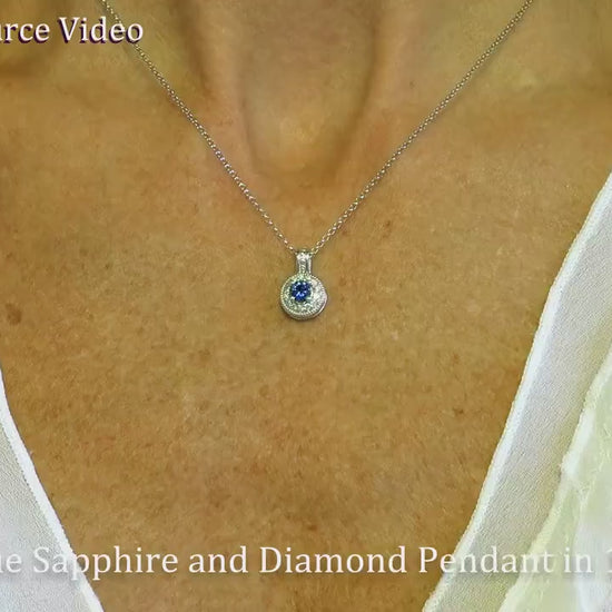 Round Natural Blue Sapphire Pendant Necklace with a Diamond Halo in 14k white gold (SSP-5107)