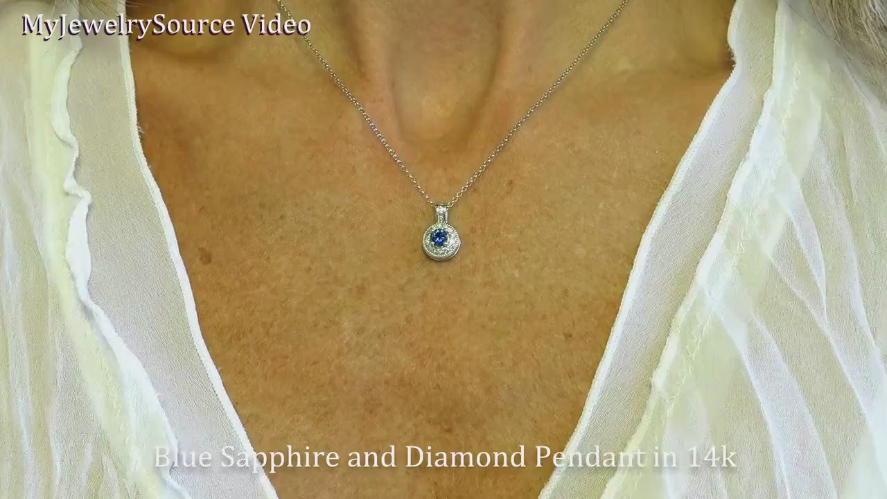 Round Natural Blue Sapphire Pendant Necklace with a Diamond Halo in 14k white gold (SSP-5107)