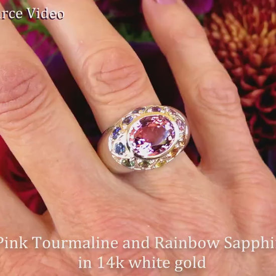 Light Pink Tourmaline and Rainbow Sapphire Ring in 14k white gold -East-West Bezel Set Tourmaline (SSR-9151)