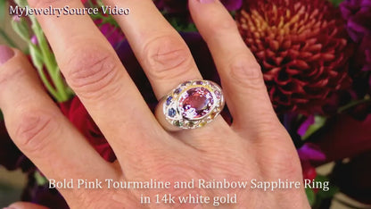 Light Pink Tourmaline and Rainbow Sapphire Ring in 14k white gold -East-West Bezel Set Tourmaline (SSR-9151)