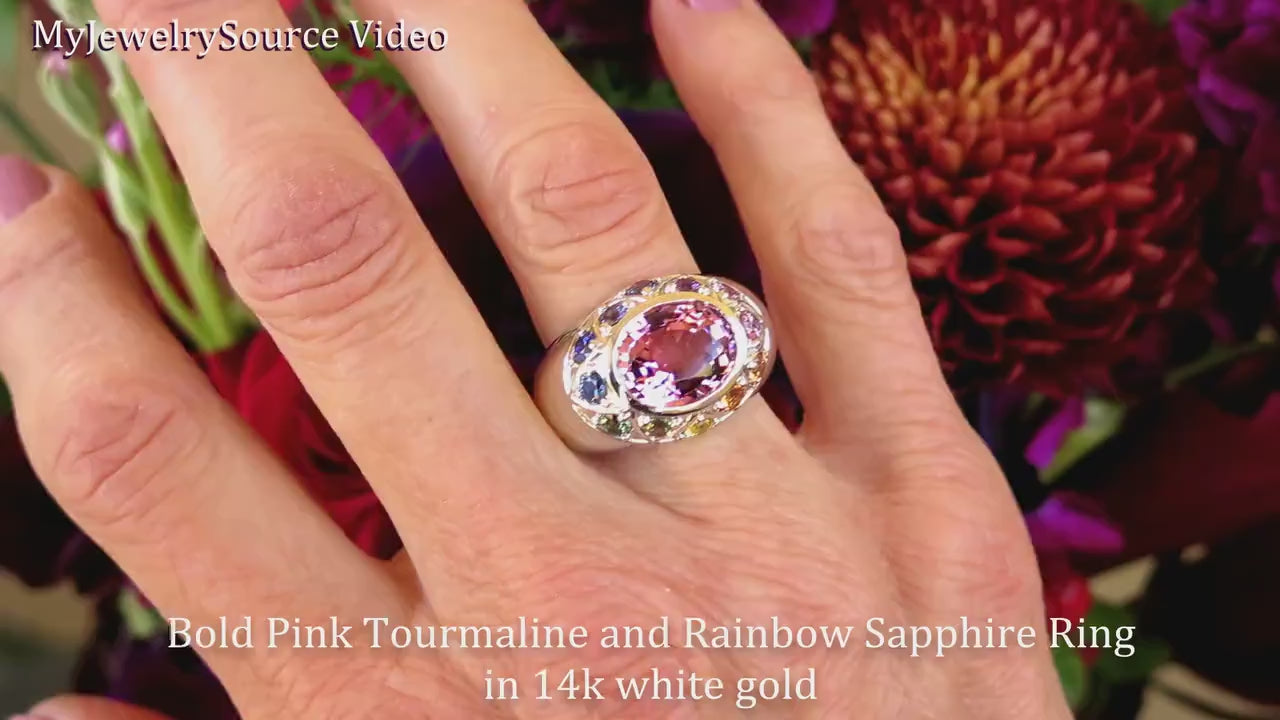Light Pink Tourmaline and Rainbow Sapphire Ring in 14k white gold -East-West Bezel Set Tourmaline (SSR-9151)