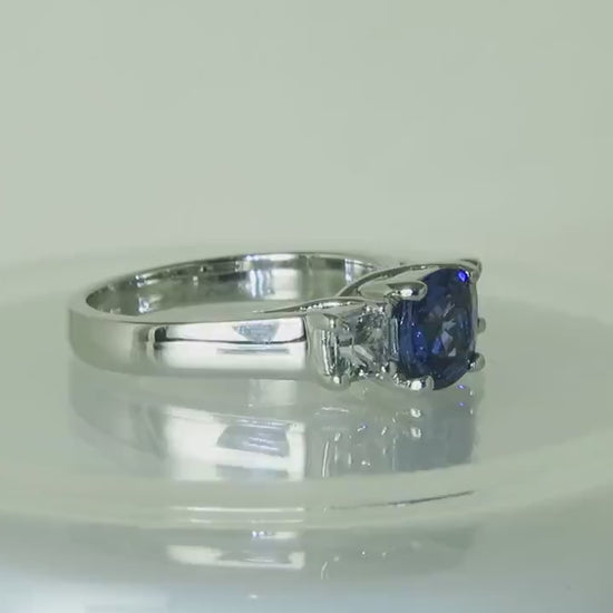 Natural Ceylon Blue and White Sapphire Three Stone Ring in 14k white gold for sale (SBR-125)