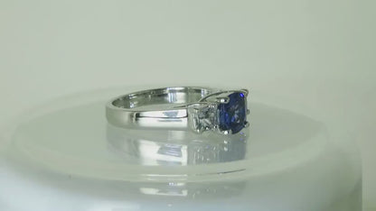 Natural Ceylon Blue and White Sapphire Three Stone Ring in 14k white gold for sale (SBR-125)
