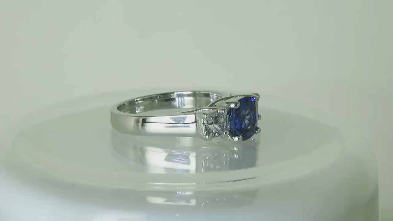 Natural Ceylon Blue and White Sapphire Three Stone Ring in 14k white gold for sale (SBR-125)