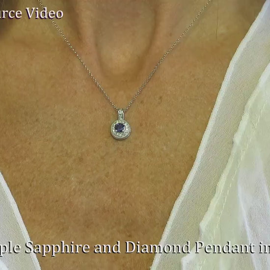 Natural Round Purple Sapphire Pendant Necklace with a Real Diamond Halo in 14k white gold for sale (SSP-5108)
