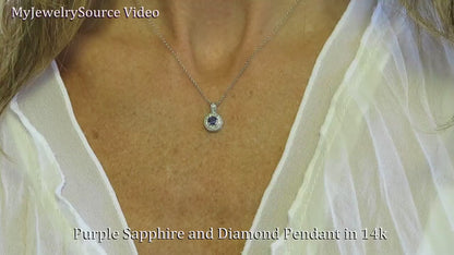 Natural Round Purple Sapphire Pendant Necklace with a Real Diamond Halo in 14k white gold for sale (SSP-5108)