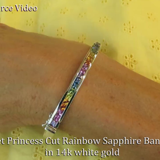 Princess Cut Rainbow Sapphire Bangle Bracelet in 14k white gold  with all Natural Ceylon Sapphires (SSB-4028-w)