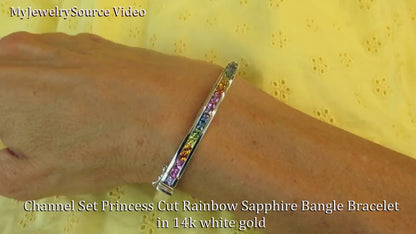 Princess Cut Rainbow Sapphire Bangle Bracelet in 14k white gold  with all Natural Ceylon Sapphires (SSB-4028-w)
