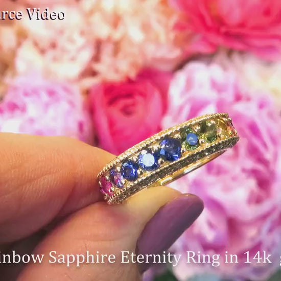 Natural Multi Color Rainbow Sapphire Eternity Band LGBT Wedding Ring with Real Diamonds in solid 14k Yellow Gold (SSR-5392)