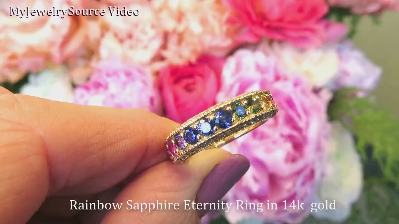 Natural Multi Color Rainbow Sapphire Eternity Band LGBT Wedding Ring with Real Diamonds in solid 14k Yellow Gold (SSR-5392)