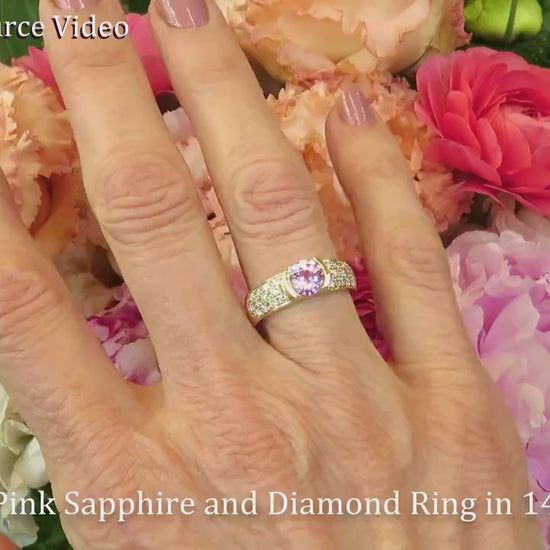 Round Natural Pink Sapphire Pave Diamond Engagement Ring in 14k Yellow Gold for sale (SSR-5771)