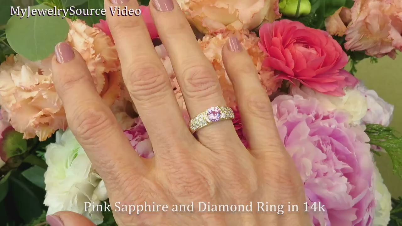 Round Natural Pink Sapphire Pave Diamond Engagement Ring in 14k Yellow Gold for sale (SSR-5771)