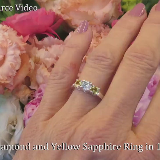 Three Stone Engagement Ring- Center Round Diamond with Natural Yellow Sapphire Sides set in 14k white gold (GR-5429)