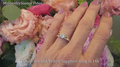 Three Stone Engagement Ring- Center Round Diamond with Natural Yellow Sapphire Sides set in 14k white gold (GR-5429)