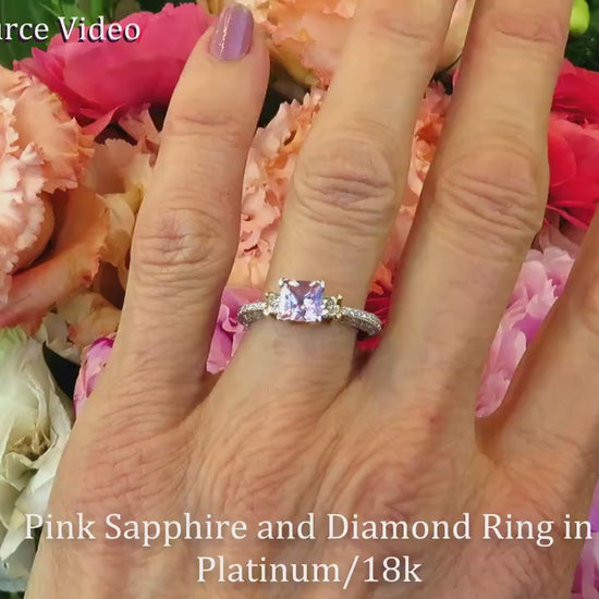 Platinum Princess Natural Light Pink Sapphire Three Stone Engagment Ring with Princess Cut Side Diamonds (GR-5332)