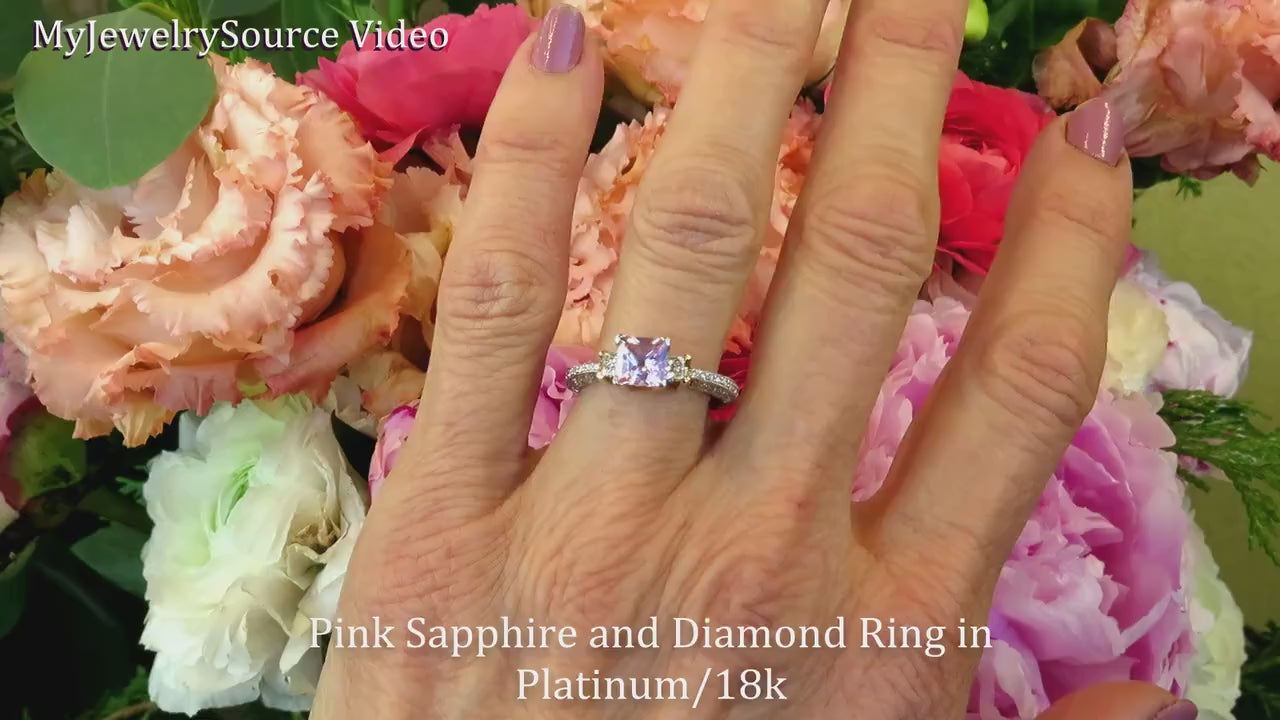 Platinum Princess Natural Light Pink Sapphire Three Stone Engagment Ring with Princess Cut Side Diamonds (GR-5332)