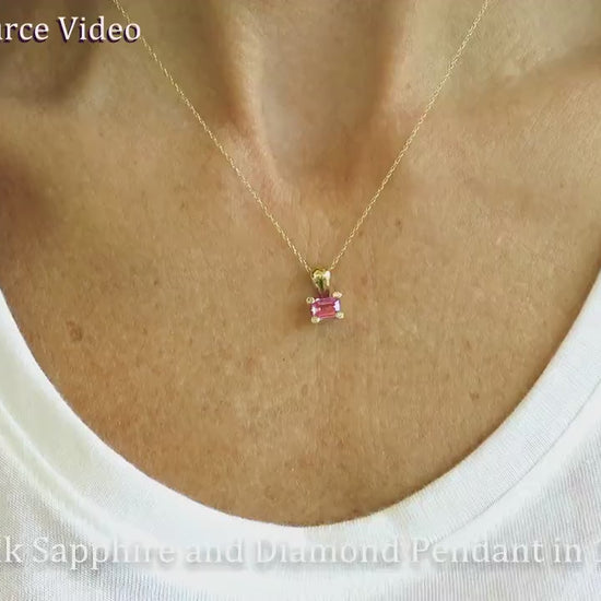 Emerald Cut Natural Pink Sapphire and Diamond Pendant Necklace in 14k yellow gold for sale (ssp-5032)