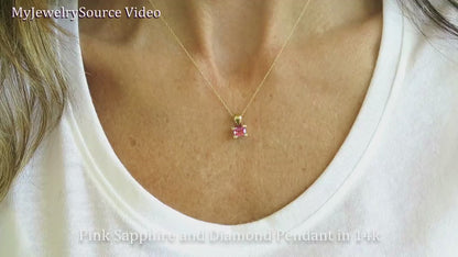 Emerald Cut Natural Pink Sapphire and Diamond Pendant Necklace in 14k yellow gold for sale (ssp-5032)