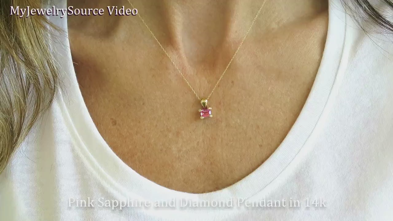 Emerald Cut Natural Pink Sapphire and Diamond Pendant Necklace in 14k yellow gold for sale (ssp-5032)