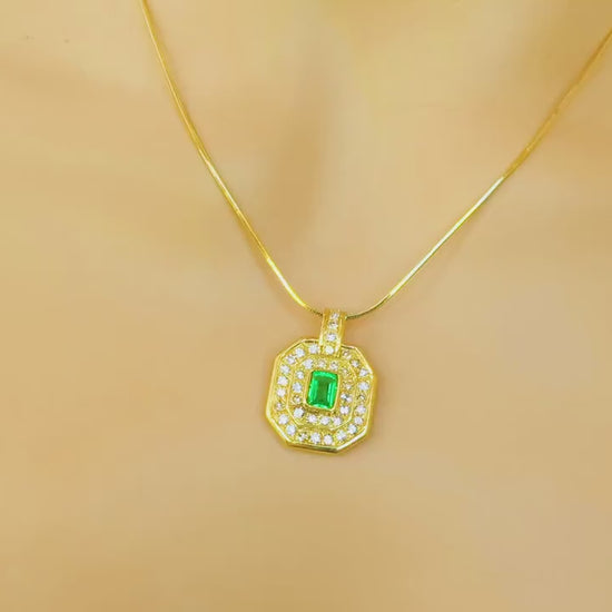 Natural Colombian Emerald and Double Diamond Halo Pendant in 18k yellow gold (EP-5079)