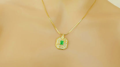 Natural Colombian Emerald and Double Diamond Halo Pendant in 18k yellow gold (EP-5079)