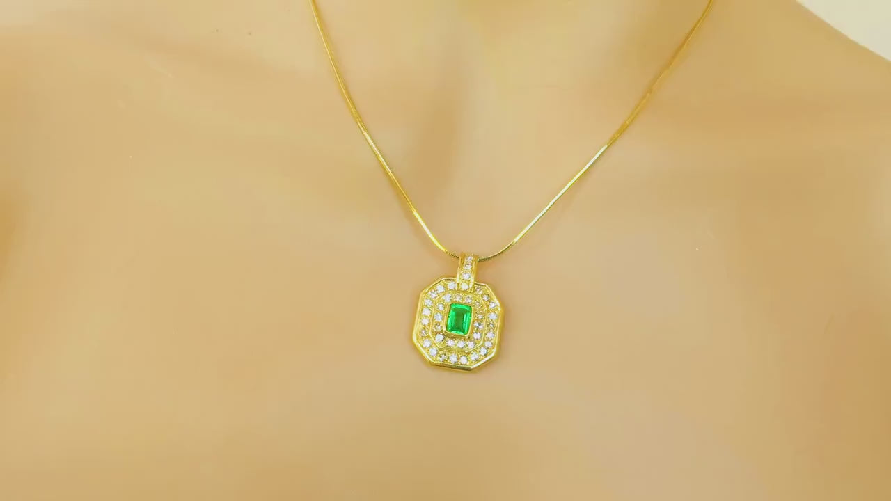 Natural Colombian Emerald and Double Diamond Halo Pendant in 18k yellow gold (EP-5079)