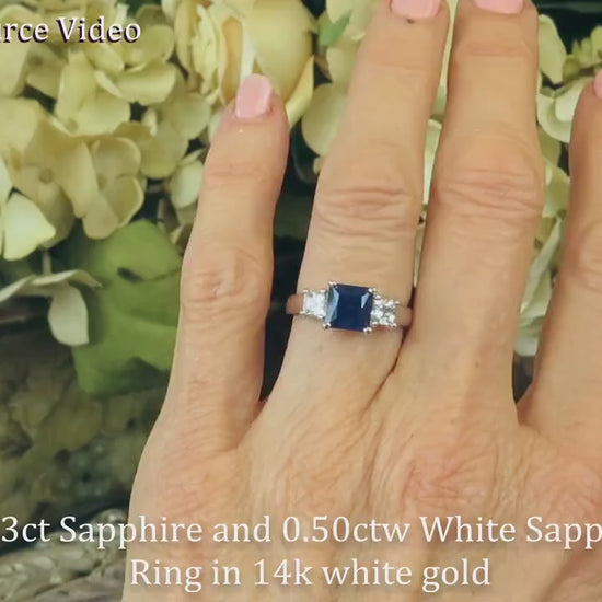 Natural Princess Cut Blue Sapphire and Princess Cut White Sapphire 3-Stone Ring in 14k white gold (SBR-102)