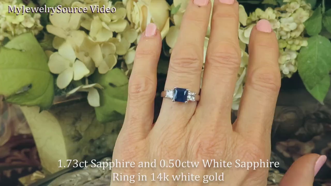 Natural Princess Cut Blue Sapphire and Princess Cut White Sapphire 3-Stone Ring in 14k white gold (SBR-102)