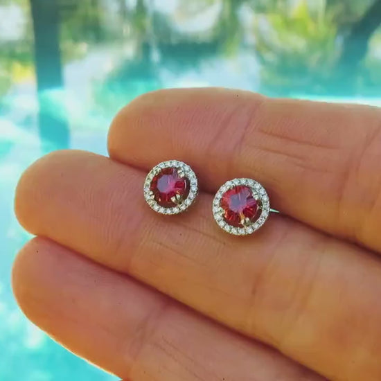 5.0 mm Natural Red-Orange Sapphire and Diamond Earrings in 14k white gold for sale (SSE-5075)