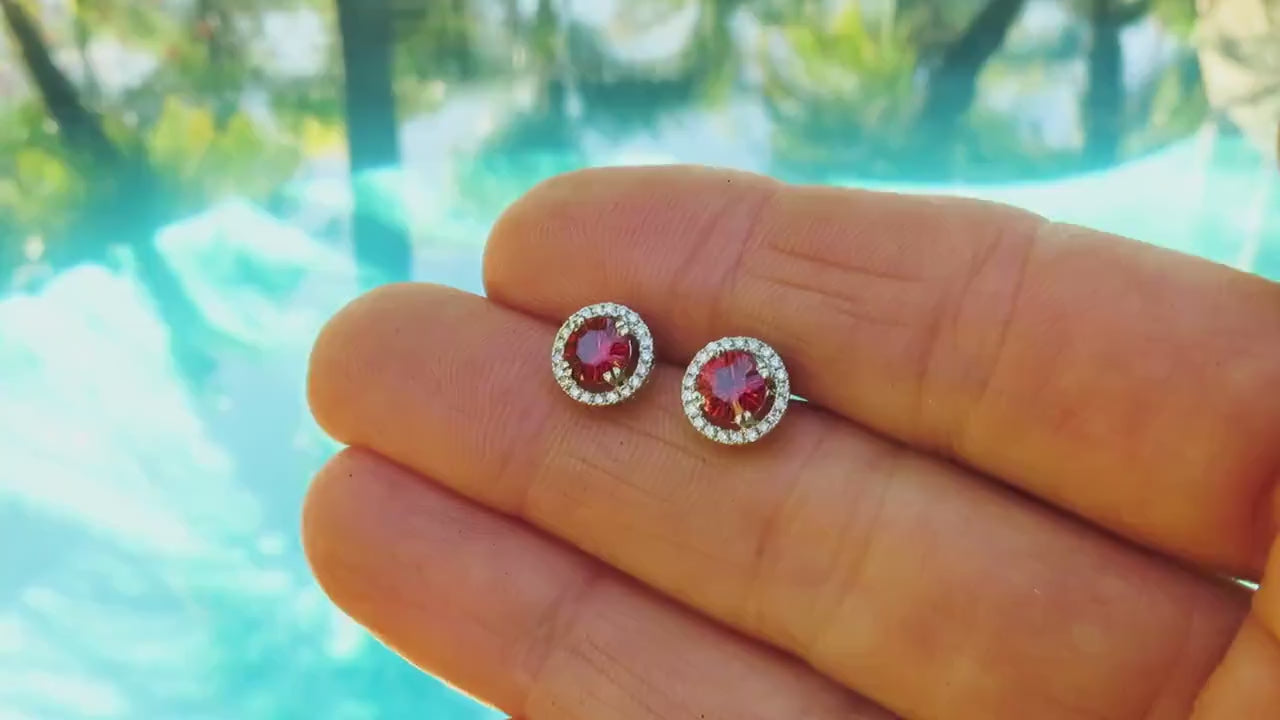 5.0 mm Natural Red-Orange Sapphire and Diamond Earrings in 14k white gold for sale (SSE-5075)
