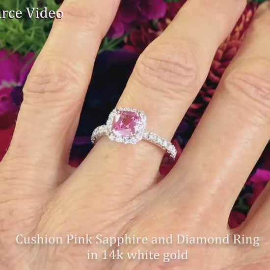6mm Cushion Natural Pink Sapphire Engagement Ring in solid 14k White Gold (SSR-5921)
